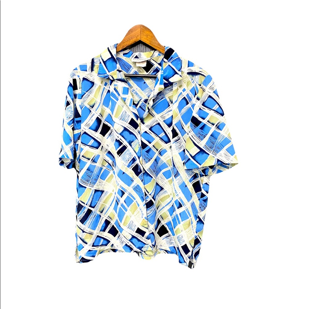 VTG DonnKenny XL Blue and Cream Button Down Retro Print Ladies Short